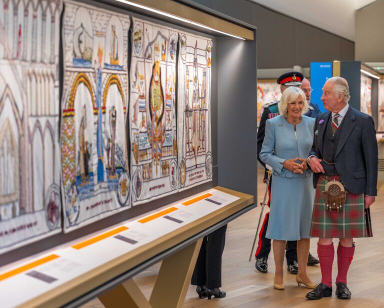 Their Majesties view the Great Tapestry of Scotland