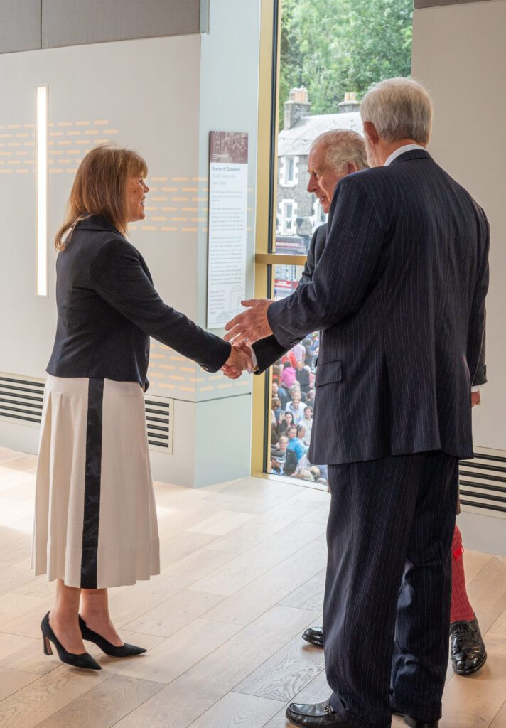 King Charles III meets Sandy Maxwell-Forbes, Center Director of the Great Tapestry of Scotland